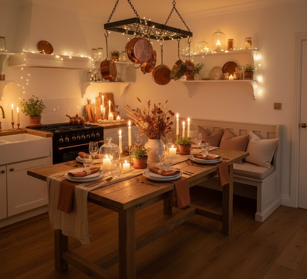 Kitchen area styled for cozy event